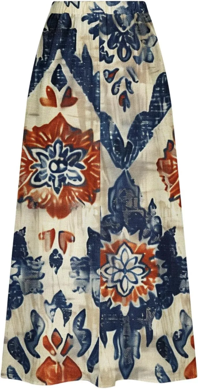 Womens 2025 Summer Boho Skirts Floral Print Midi Skirt with Pocket Plus Size Loose Flowy Beach Skirts