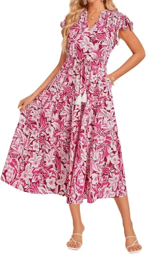 Womens Casual Dresses Boho Floral V Neck Ruffle Short Sleeve Maxi Dress Smocked Dress Beach Vacation Sundress