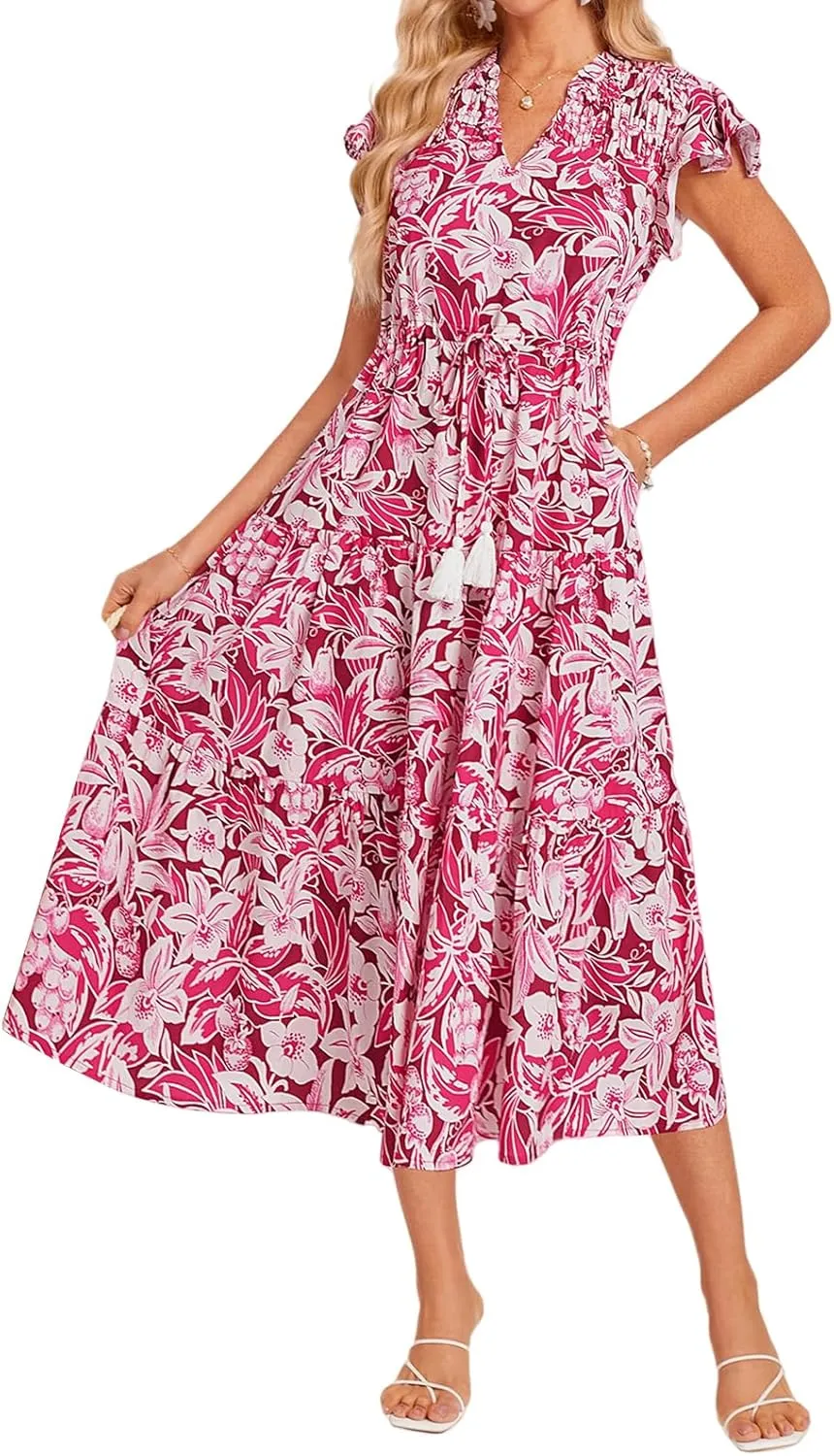 Womens Casual Dresses Boho Floral V Neck Ruffle Short Sleeve Maxi Dress Smocked Dress Beach Vacation Sundress