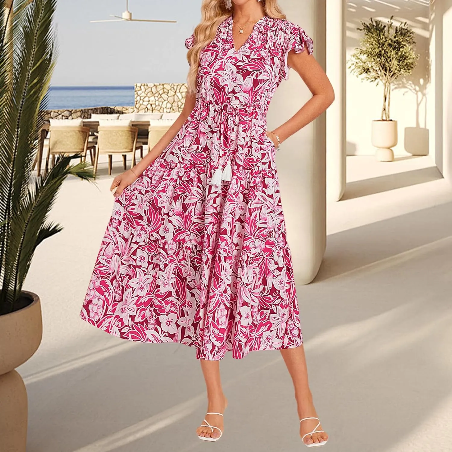 Womens Casual Dresses Boho Floral V Neck Ruffle Short Sleeve Maxi Dress Smocked Dress Beach Vacation Sundress