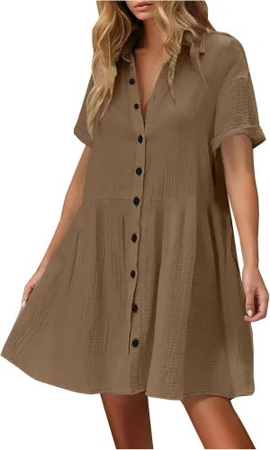 Womens Casual Short Sleeve Button Down Mini Shirt Dress Cotton Tunic Loose Beach Dress Tiered Ruffle Hem Shirt Dress