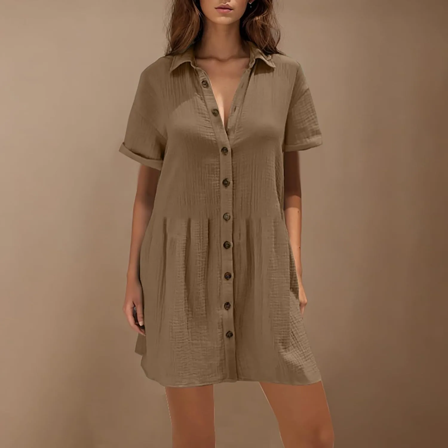 Womens Casual Short Sleeve Button Down Mini Shirt Dress Cotton Tunic Loose Beach Dress Tiered Ruffle Hem Shirt Dress