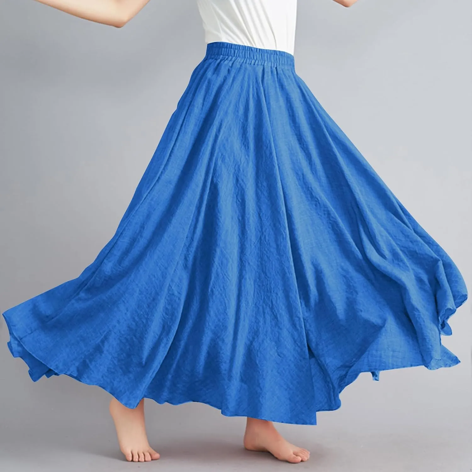Womens Cotton Linen Maxi Skirts Summer Boho Solid Beach Elastic High Waist Pleated A-Line Flowy Swing Long Maxi Skirt