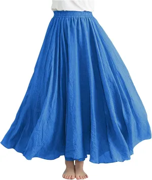 Womens Cotton Linen Maxi Skirts Summer Boho Solid Beach Elastic High Waist Pleated A-Line Flowy Swing Long Maxi Skirt