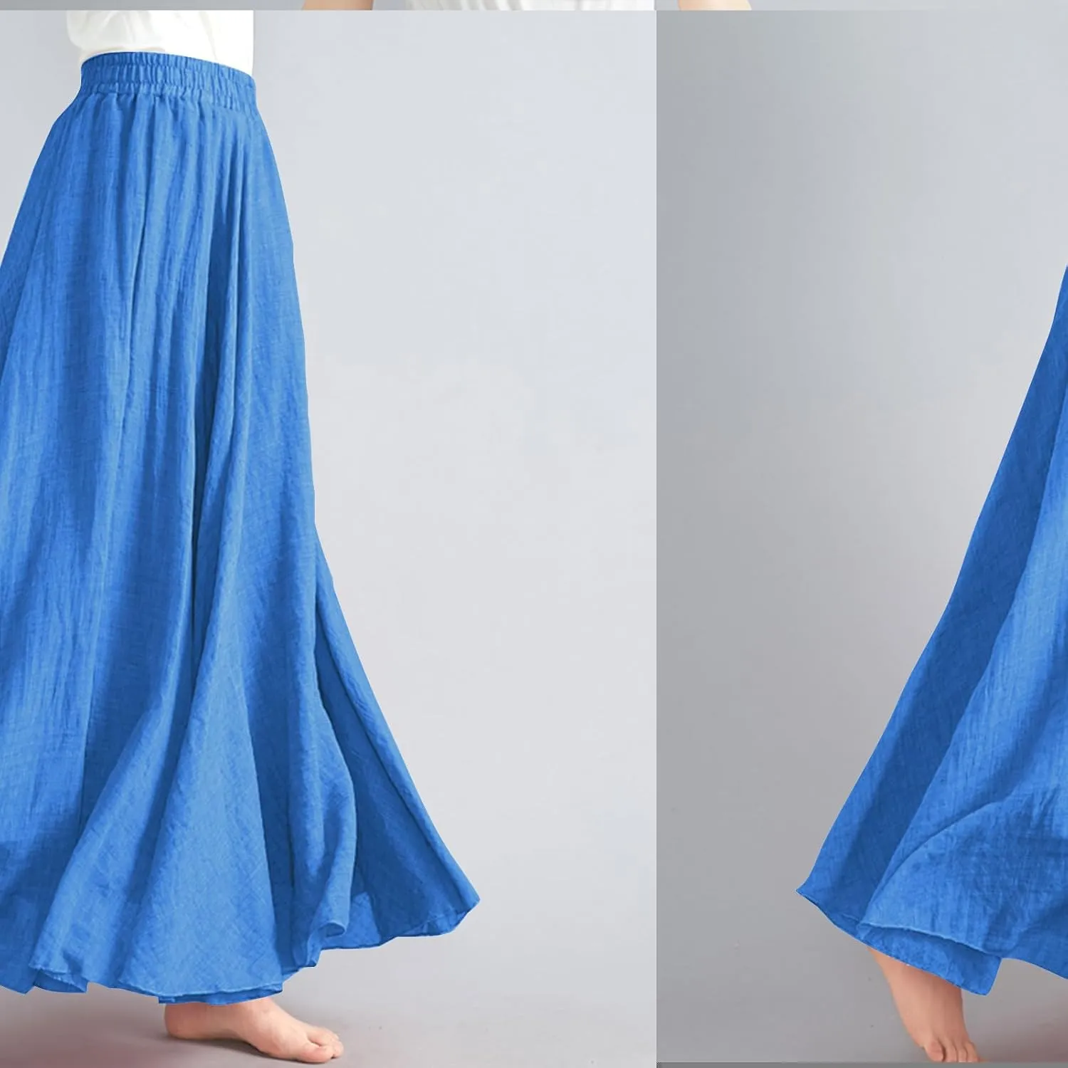 Womens Cotton Linen Maxi Skirts Summer Boho Solid Beach Elastic High Waist Pleated A-Line Flowy Swing Long Maxi Skirt