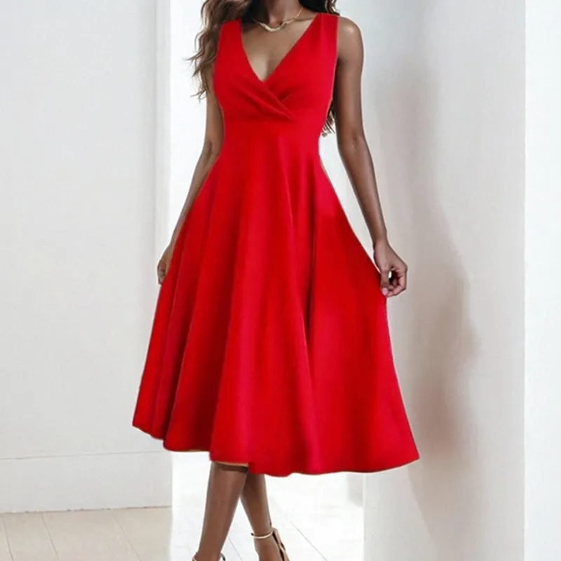 Womens Evening Dress  Fitted A-Line  V-Neck Sleeveless  Midi Length  Elegant Fit