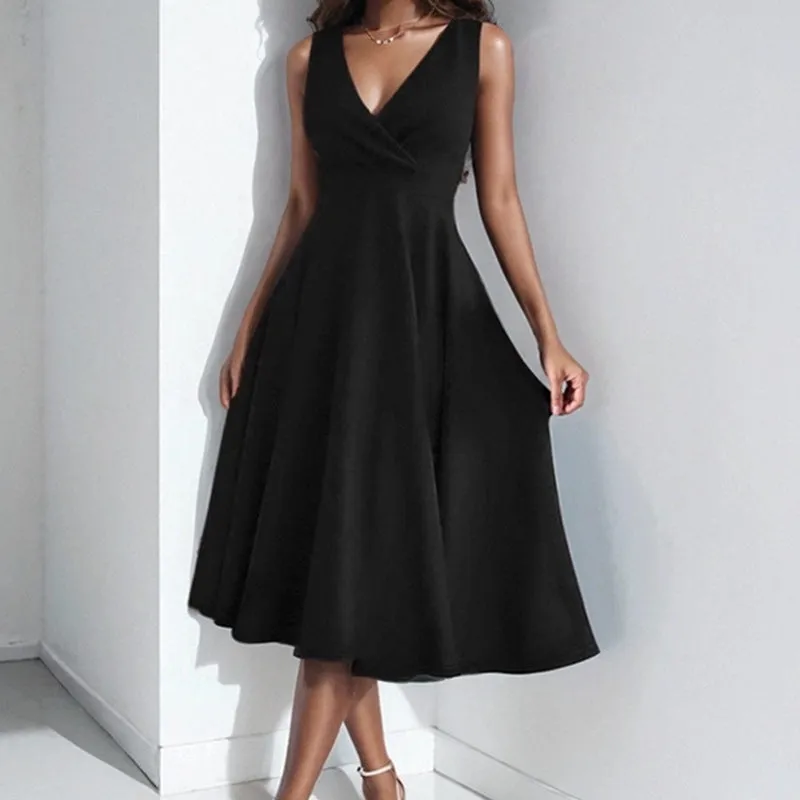 Womens Evening Dress  Fitted A-Line  V-Neck Sleeveless  Midi Length  Elegant Fit