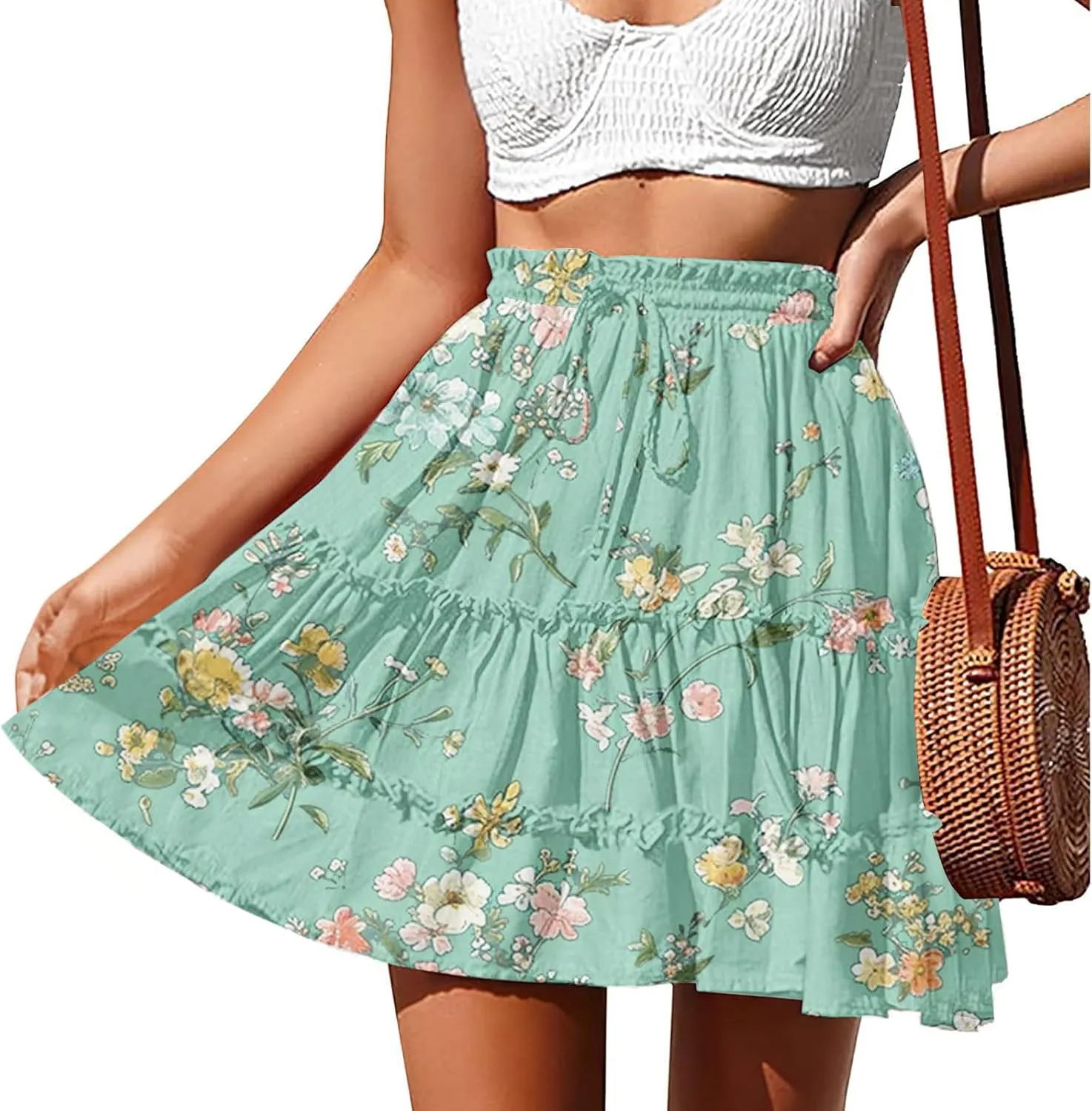 Womens Floral Ruffle Mini Skirts 2025 Summer Skater Short Skirt Elastic Waist Boho Pleated Skirts Trendy Half Dress