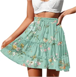 Womens Floral Ruffle Mini Skirts 2025 Summer Skater Short Skirt Elastic Waist Boho Pleated Skirts Trendy Half Dress