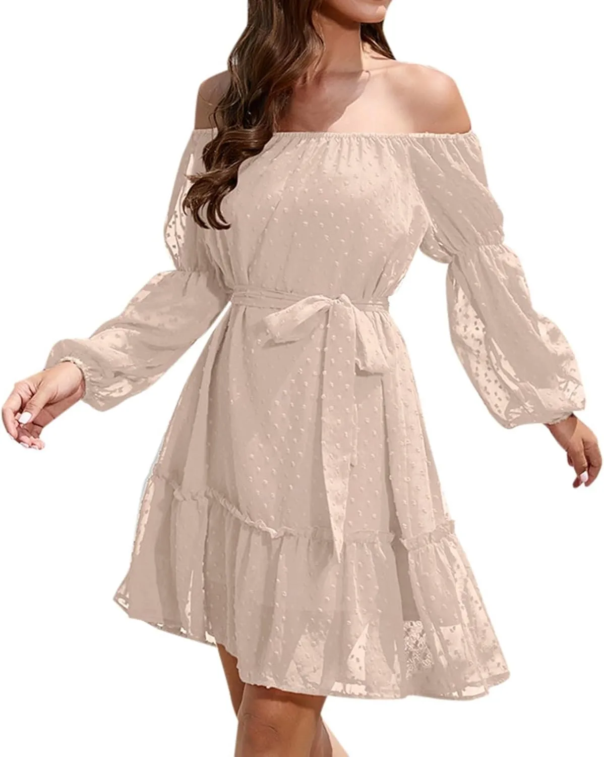 Women's Polka Dots Square Neck A line Long Sleeve Swiss Dots Mini Dress Ruffle Tiered Dress Flowy Pirate Dress