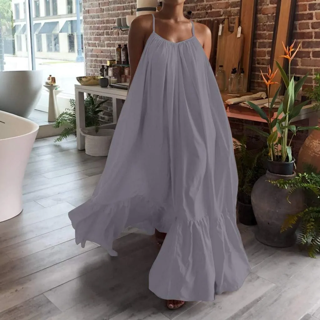 Womens Sexy Sleeveless Spaghetti Strap Dress Ruched Ruffle Hem Beach Sundress Loose Long Boho Maxi Swing Dresses